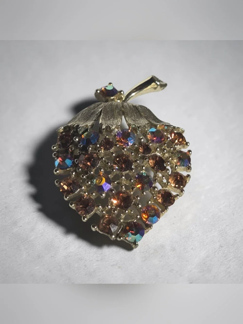 Gold-Tone Brown Aurora Crystal Strawberry Broach - Marked